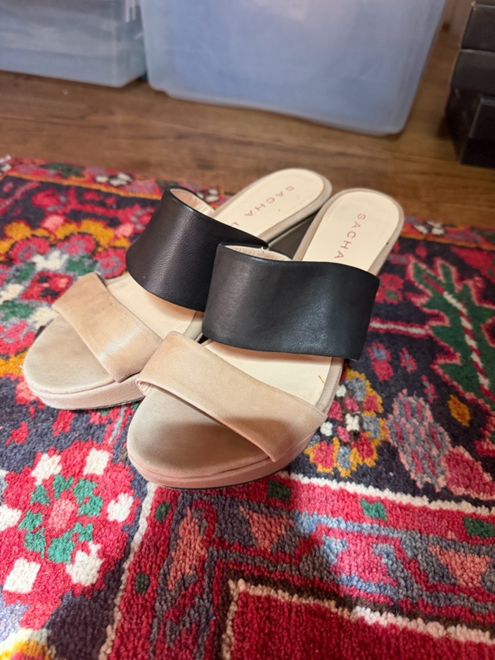 Sacha London Two-Band Slide Sandals in Black and Beige